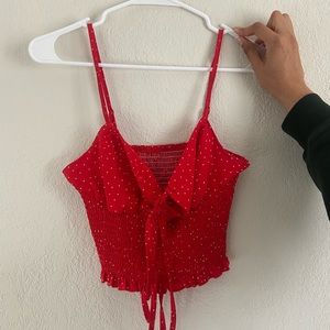 Smocked red cropped tie tank top